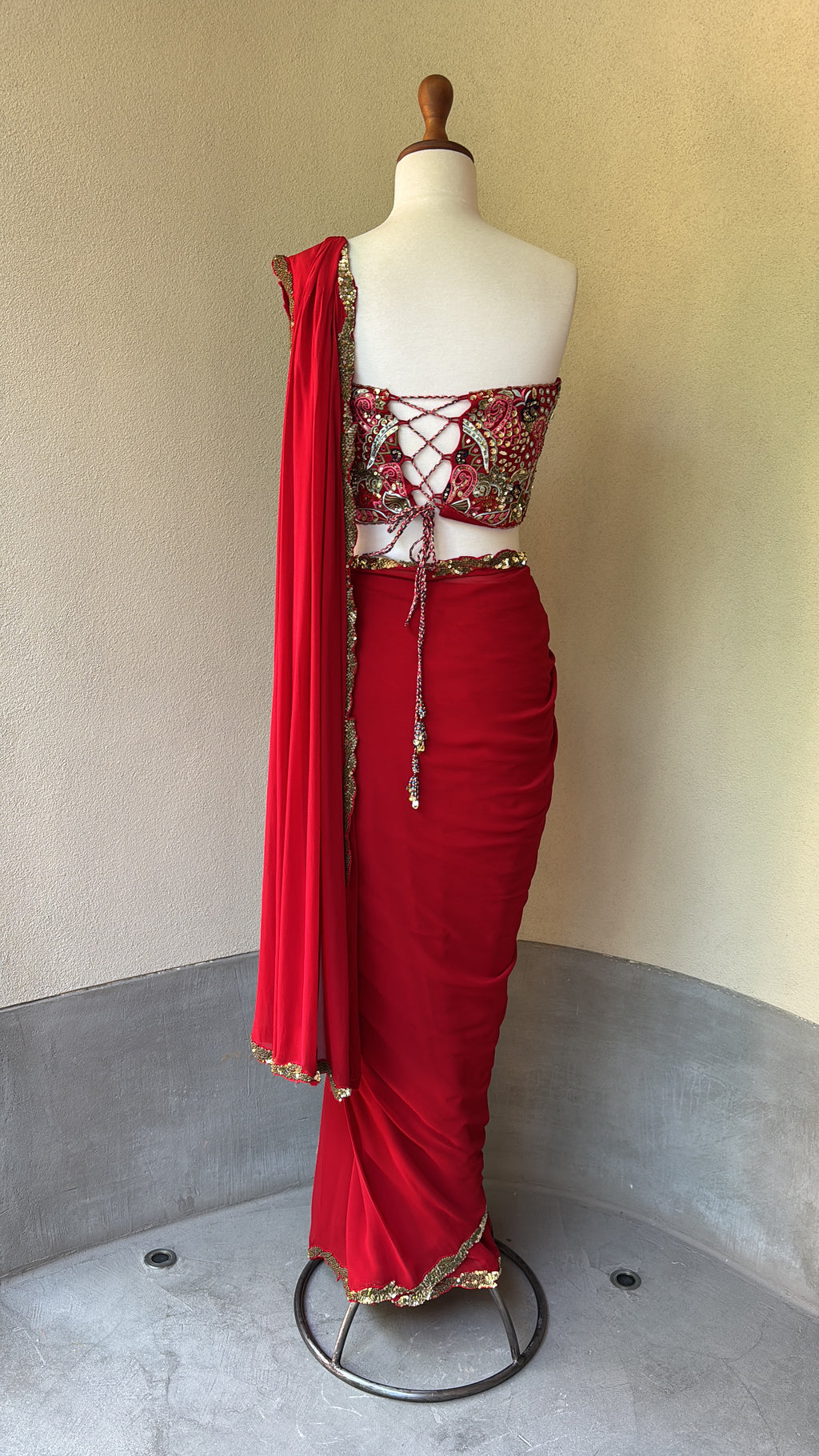 Pre-Drape Red Saree Set with a Corset Blouse