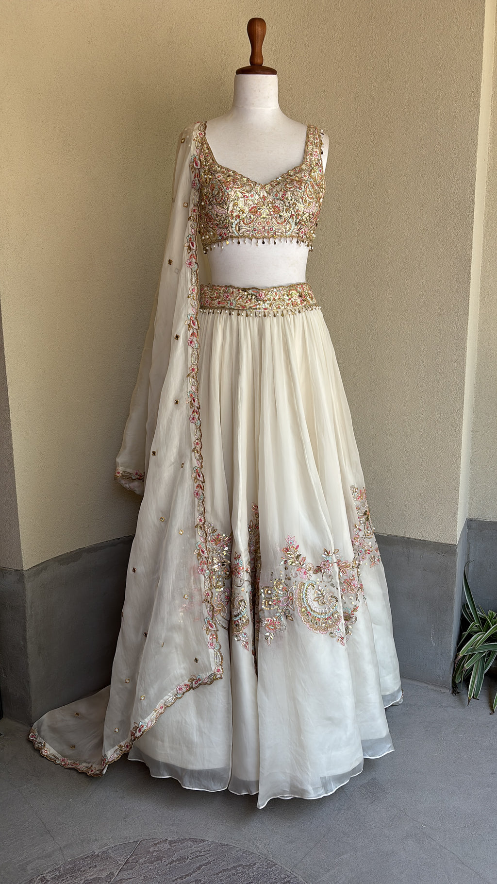 Ivory Organza Lehenga Set With Placement Embroidery