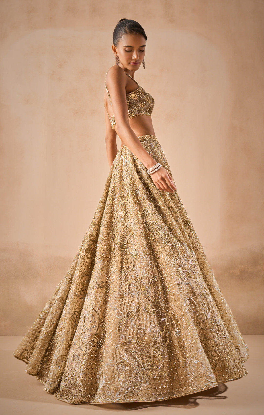 BEIGE GOLD TULLE SPARKLE LEHENGA SET