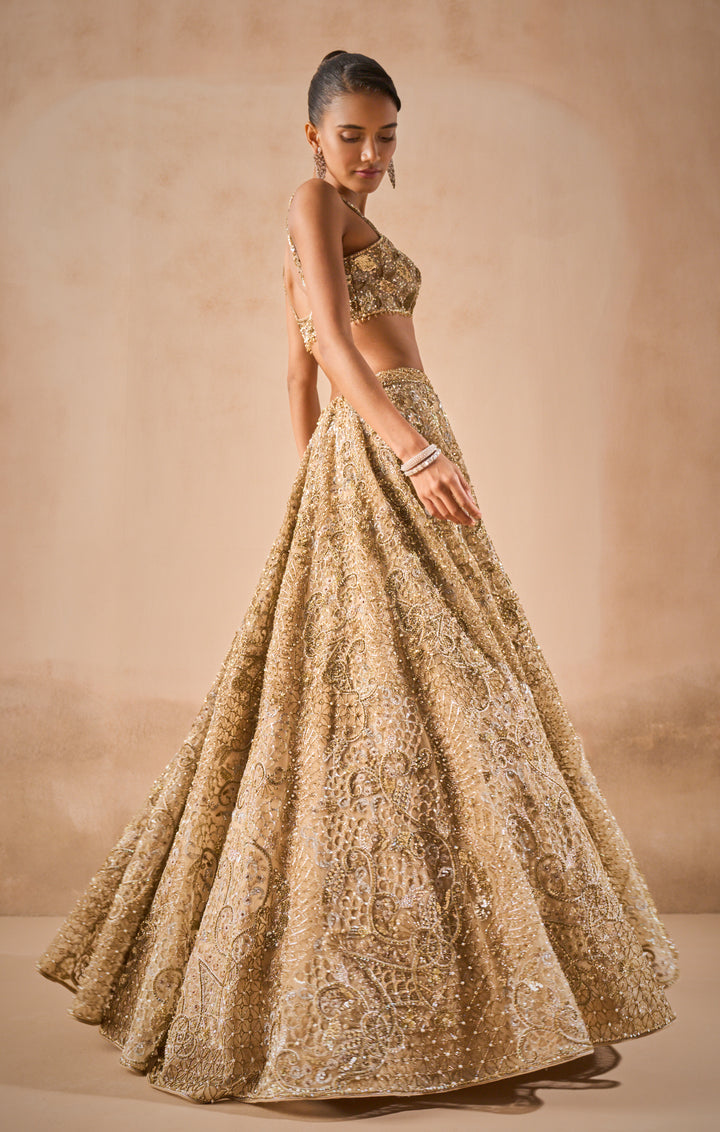 BEIGE GOLD TULLE SPARKLE LEHENGA SET