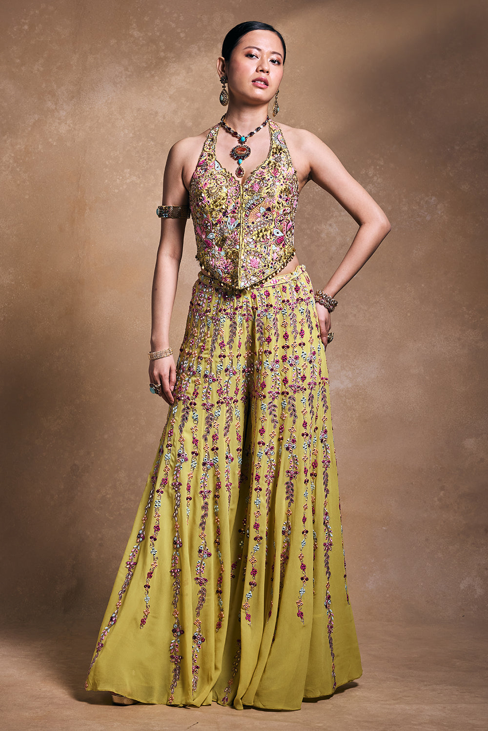Yellow Georgette High Waist Sharara with Corset Set