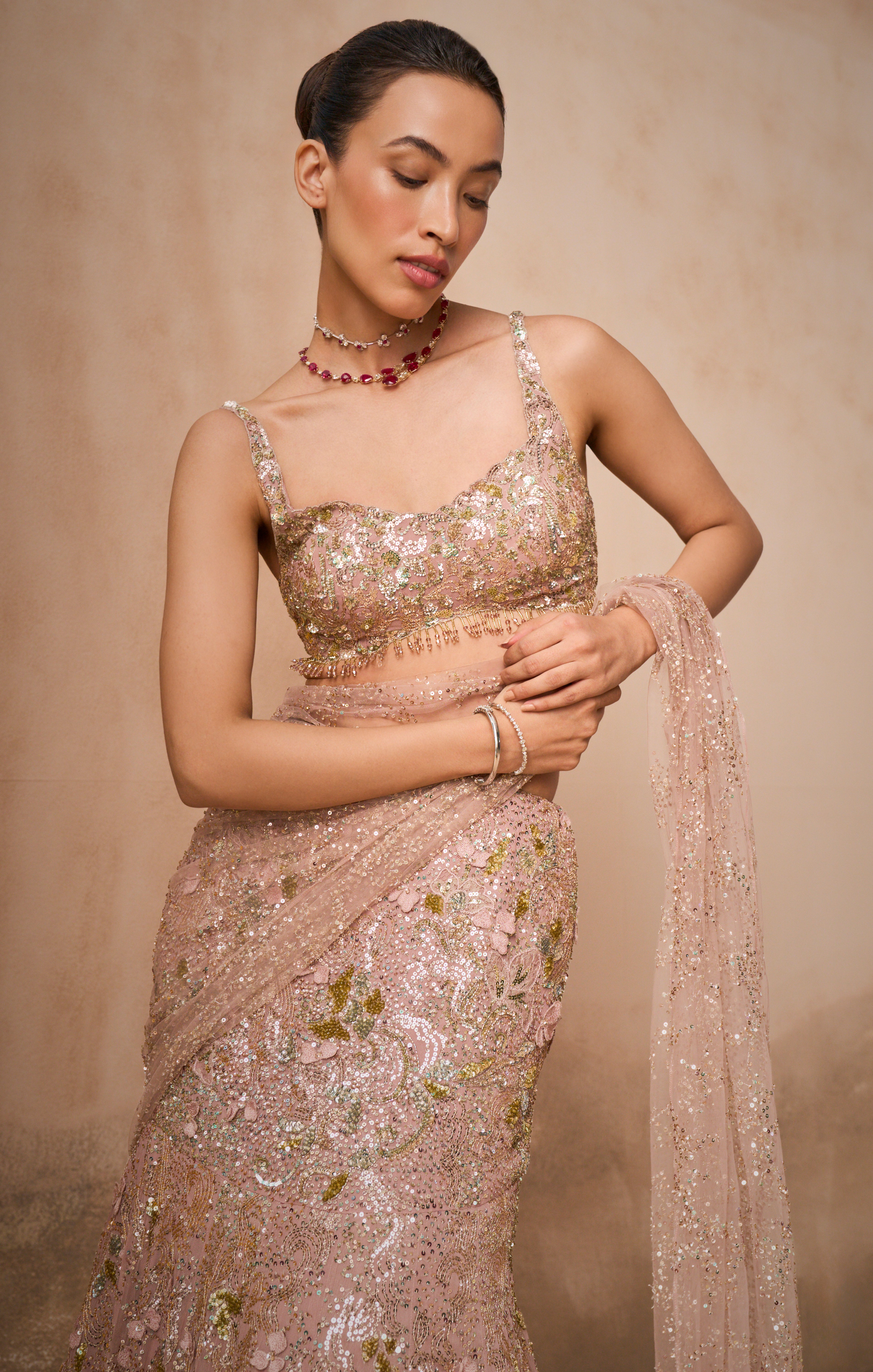 ROSE PINK GEORGETTE  SPARKLE DRAPE LEHENGA SET