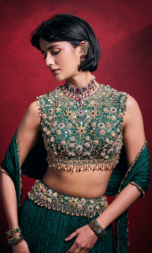 Emerald Green Crushed Lehenga Set