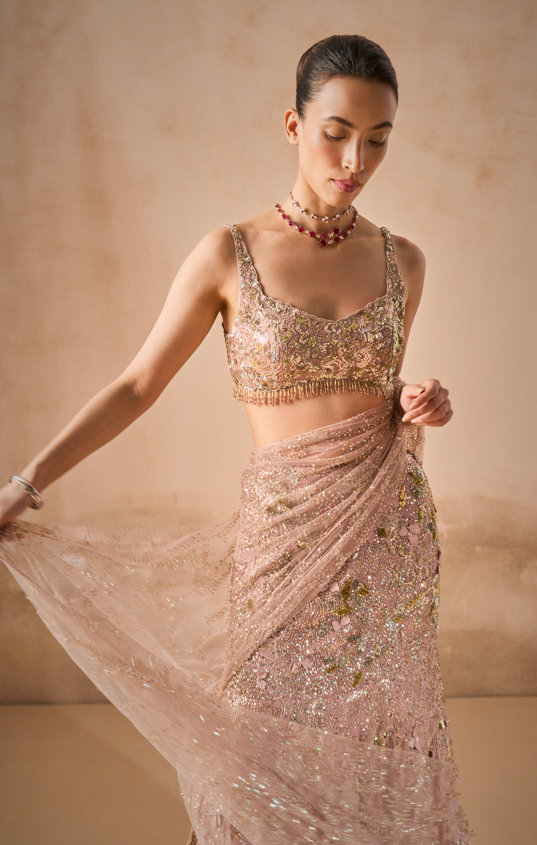 Rose Pink Georgette  Sparkle Drape Lehenga Set