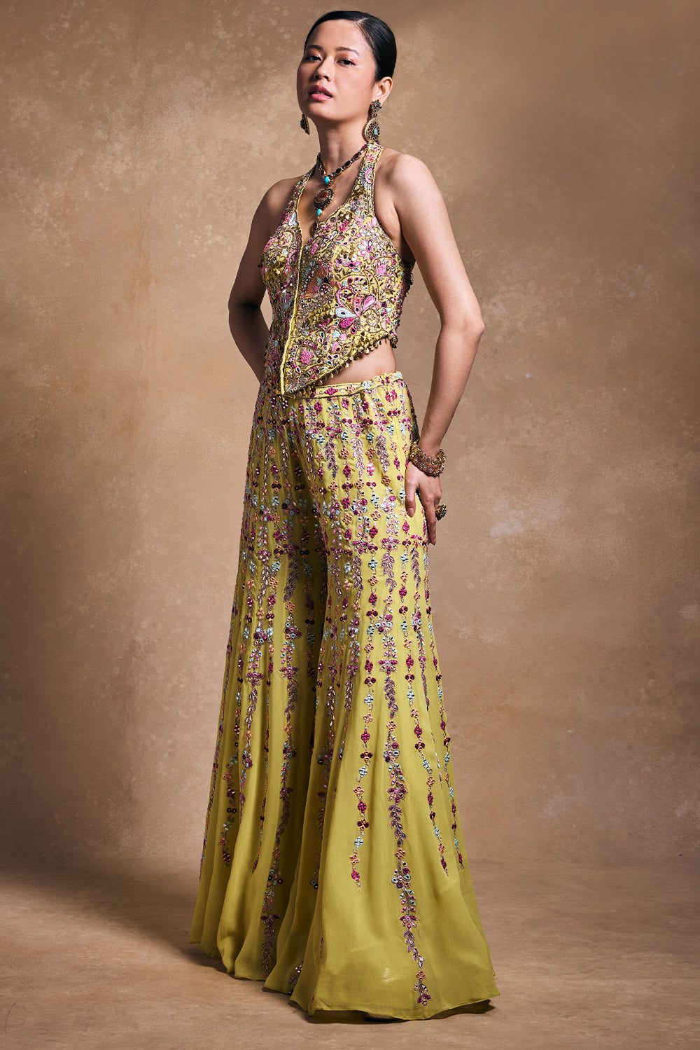 Yellow Georgette High Waist Sharara with Corset