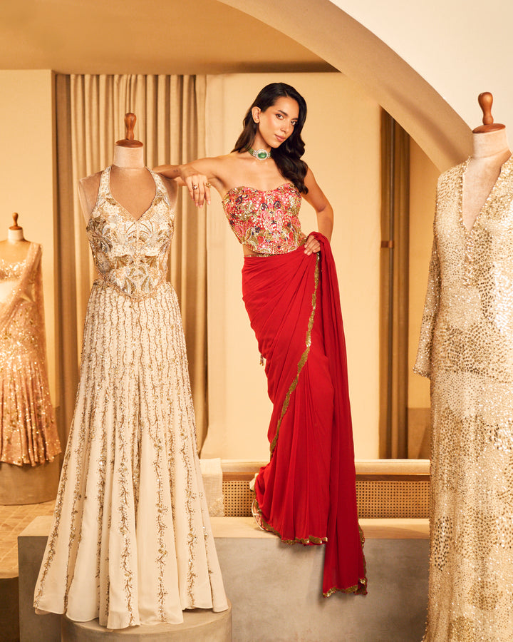 RED PRE DRAPED SAREE SET WITH A CORSET BLOUSE