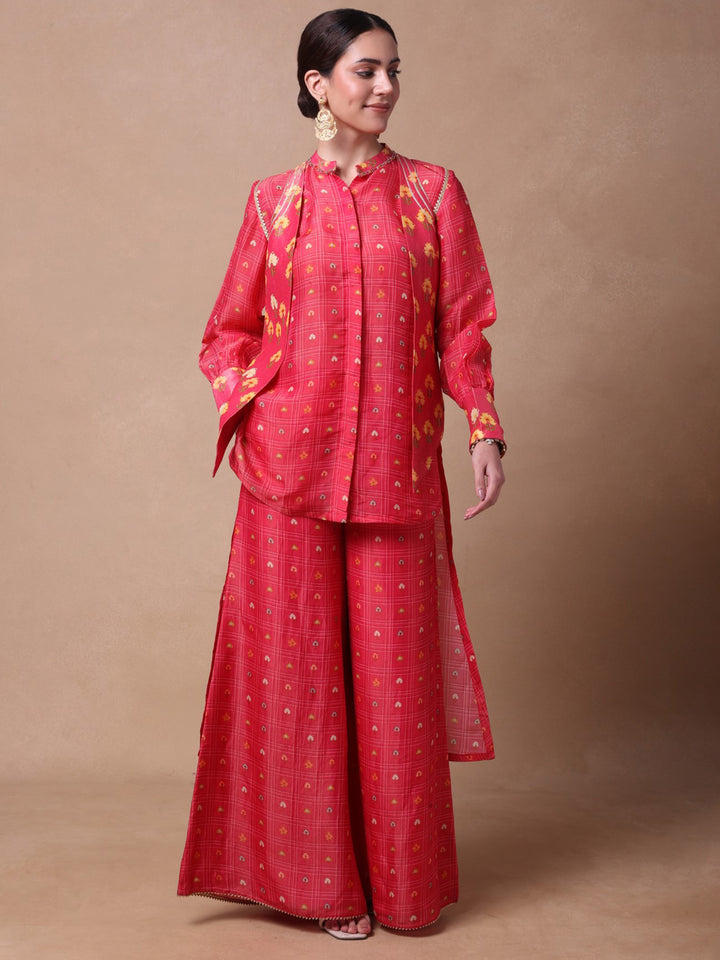 Pink Checkered Petal Fusion Shirt,Palazo And Waistcoat Set