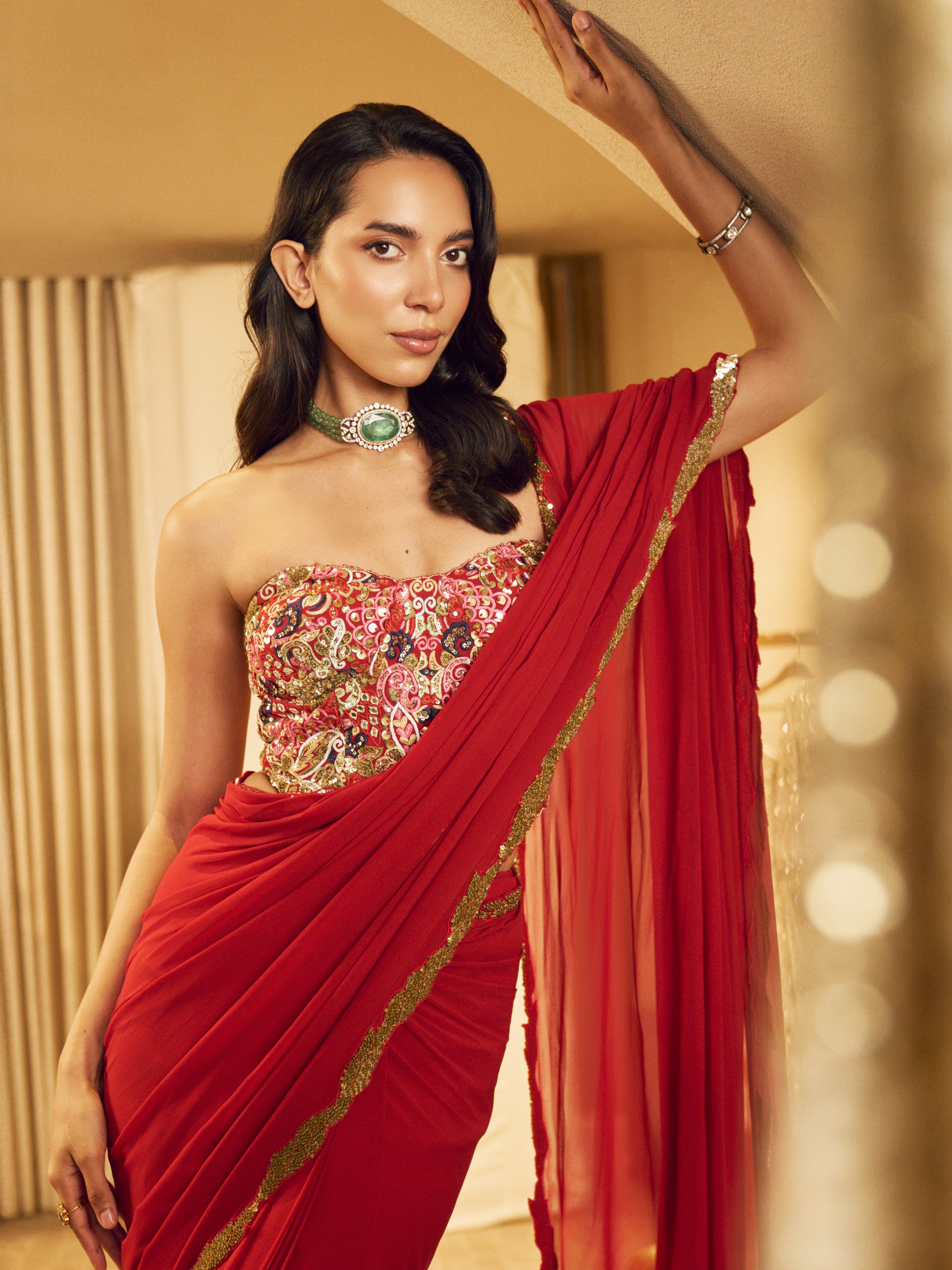 Pre-Drape Red Saree Set with a Corset Blouse