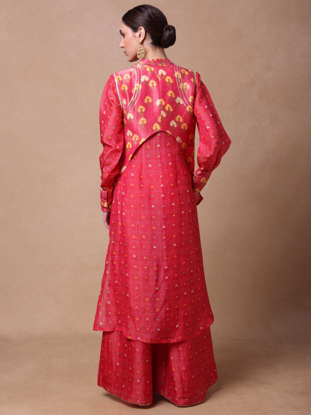 Pink Checkered Petal Fusion Shirt,Palazo And Waistcoat Set