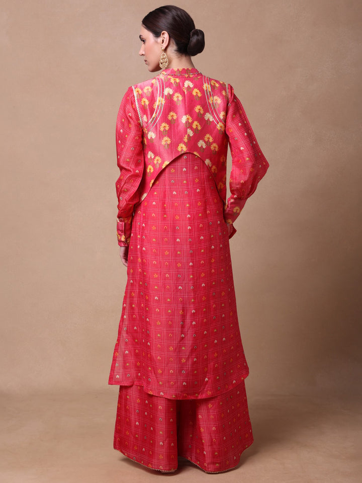 Pink Checkered Petal Fusion Shirt,Palazo And Waistcoat Set