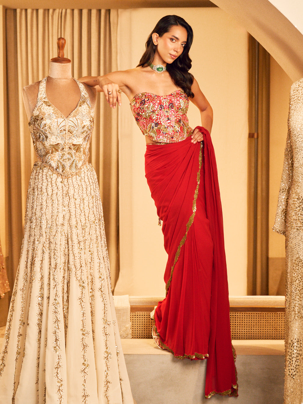 Pre-Drape Red Saree Set with a Corset Blouse