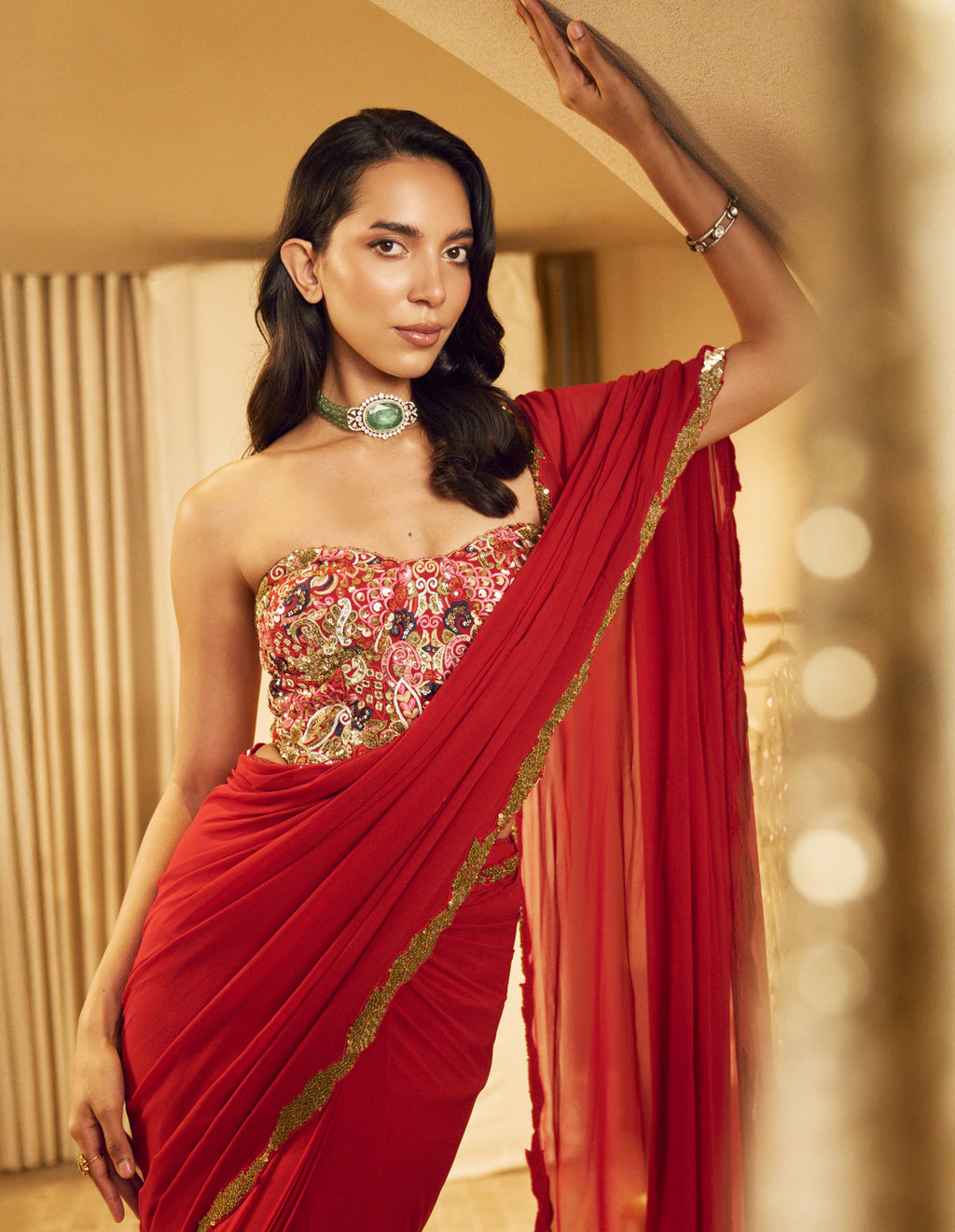 Pre-Drape Red Saree Set with a Corset Blouse