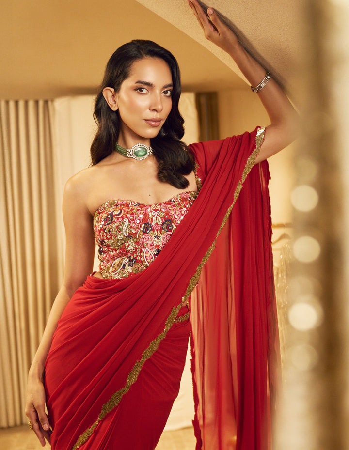 RED PRE DRAPED SAREE SET WITH A CORSET BLOUSE