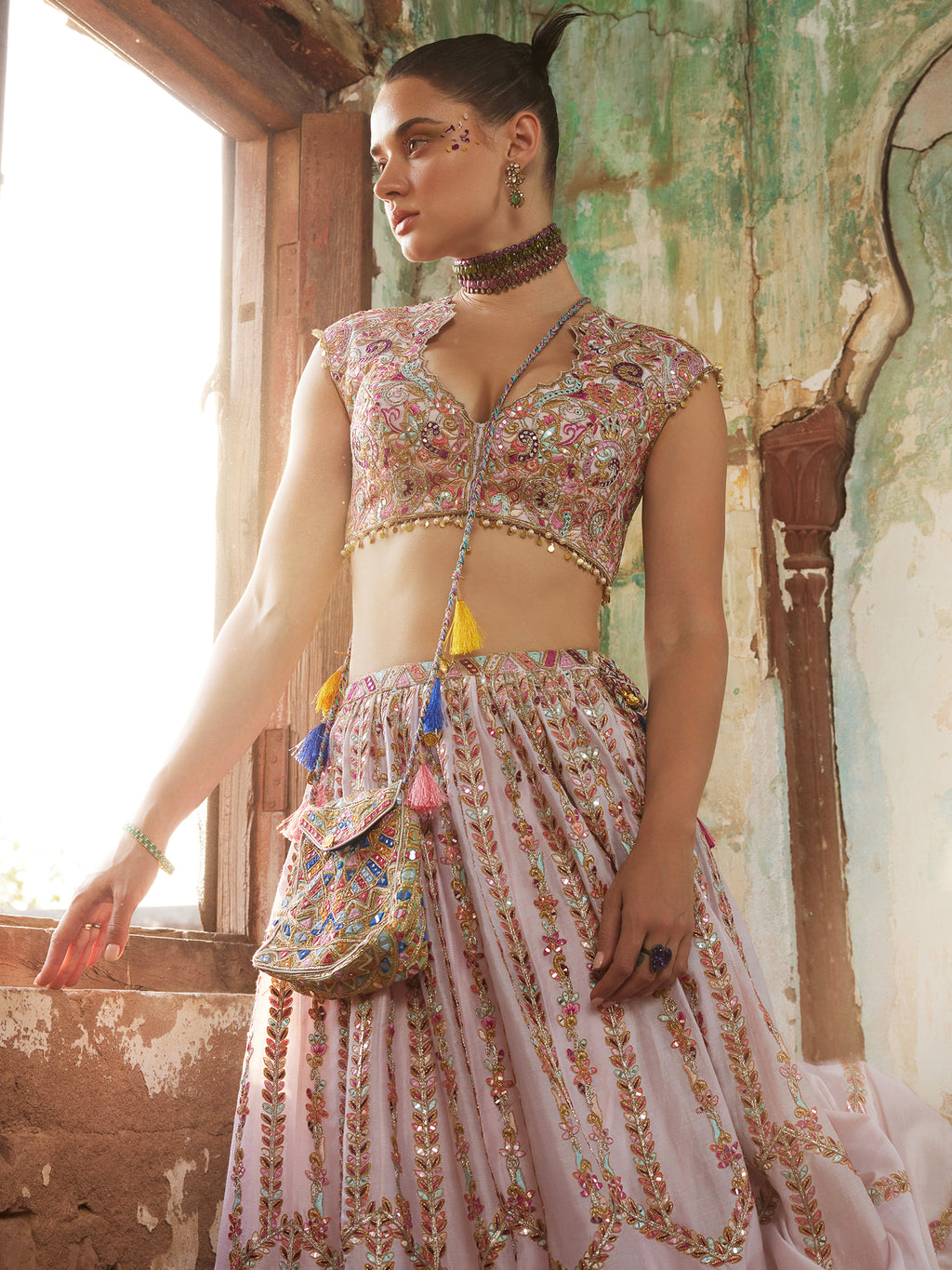 Light Pink Chanderi Skirt with Embroidered Blouse