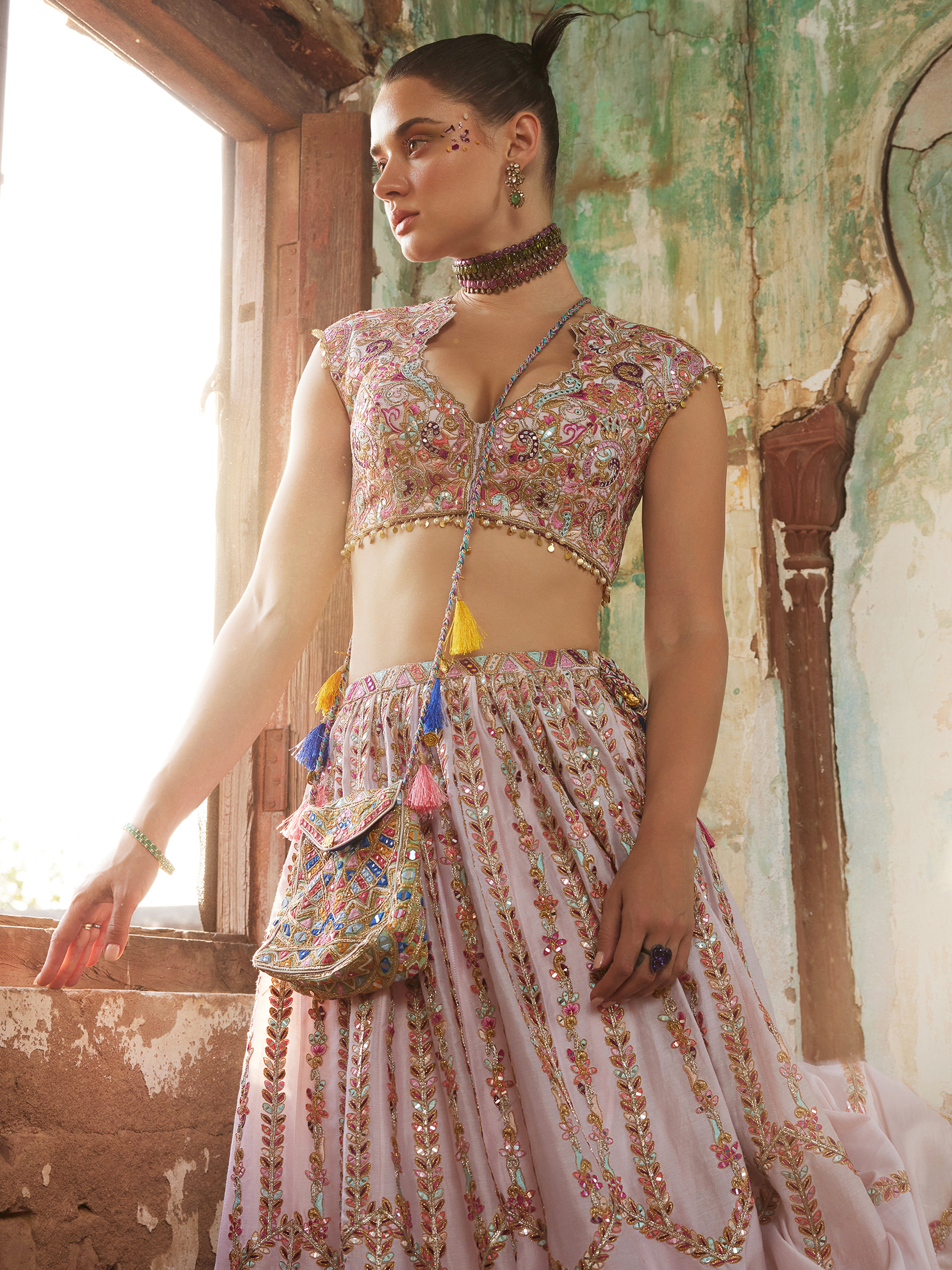Light Pink Chanderi Skirt with Embroidered Blouse