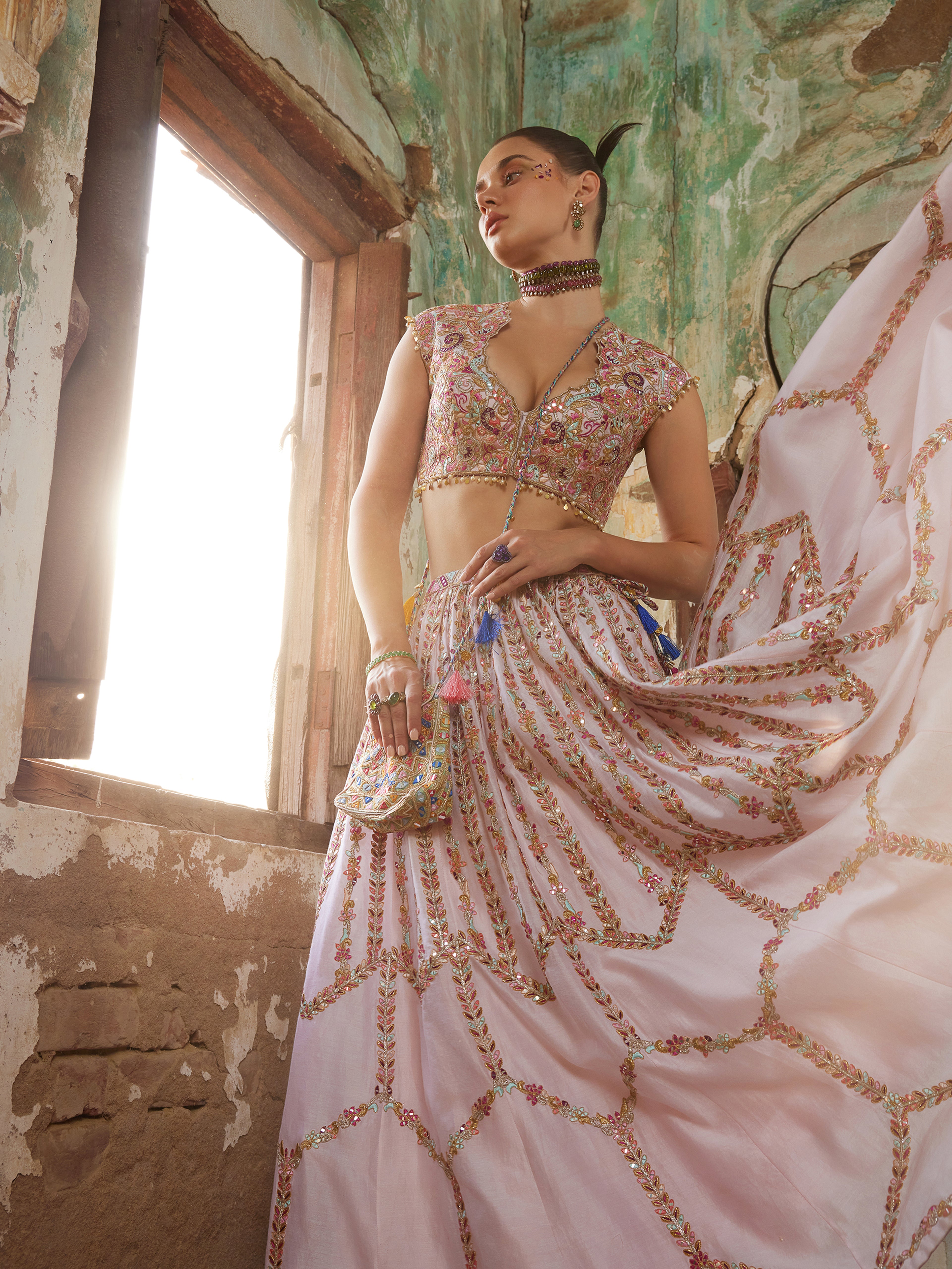 Light Pink Chanderi Skirt with Embroidered Blouse