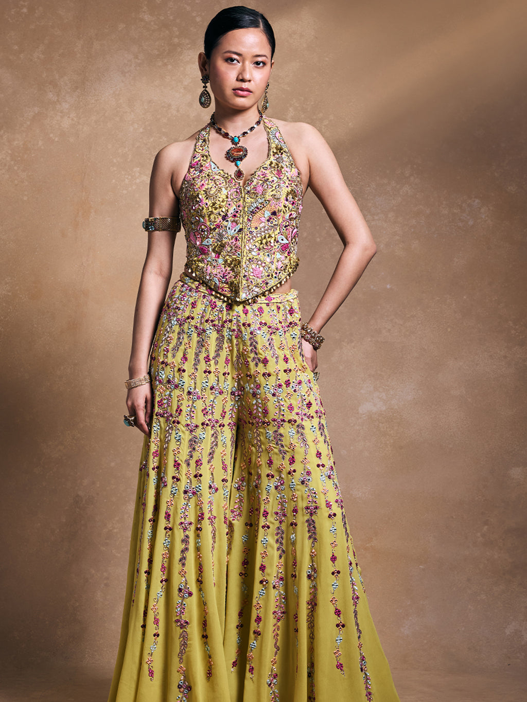 Yellow Georgette High Waist Sharara with Corset Set