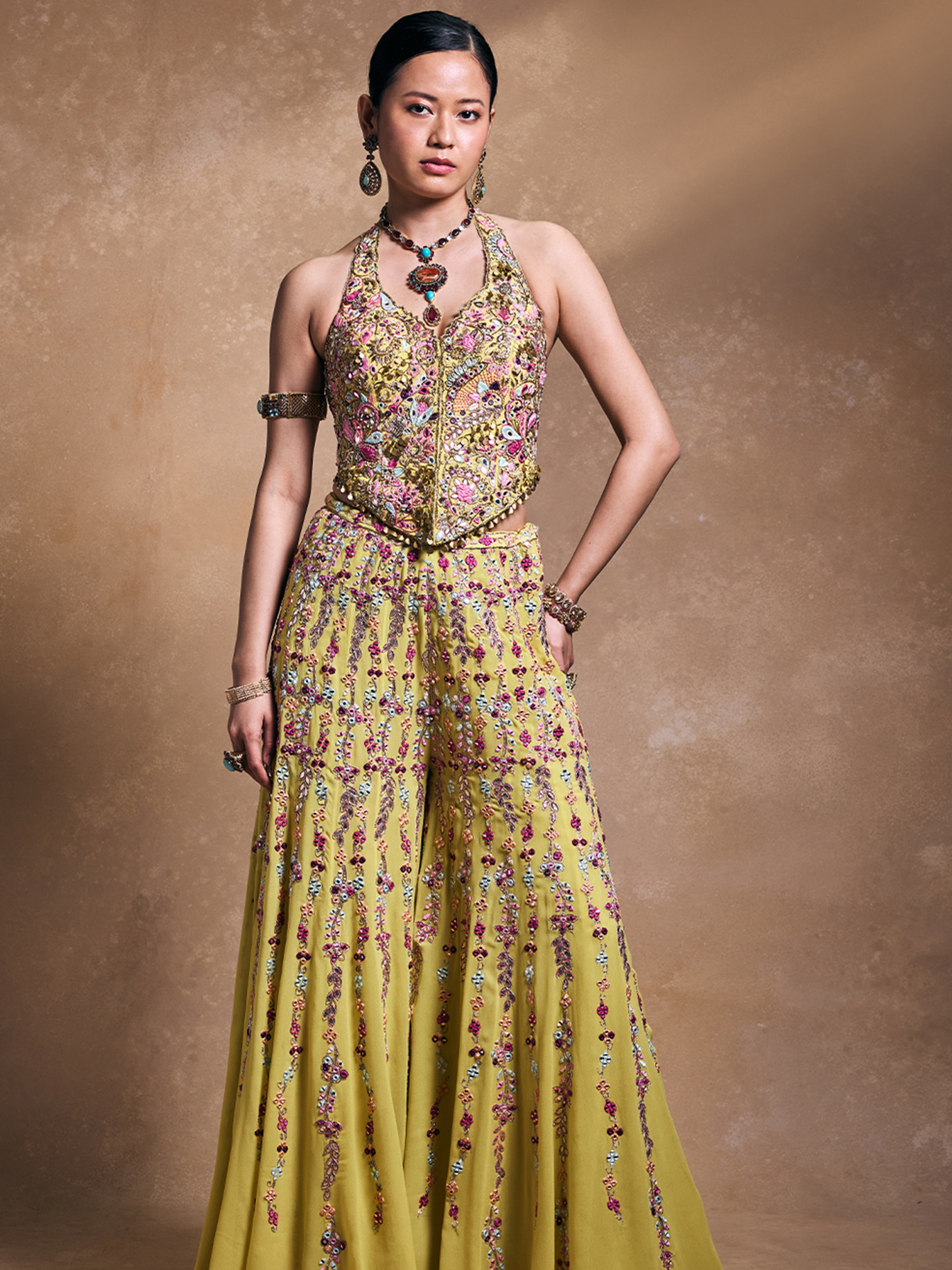 Yellow Georgette High Waist Sharara with Corset Set
