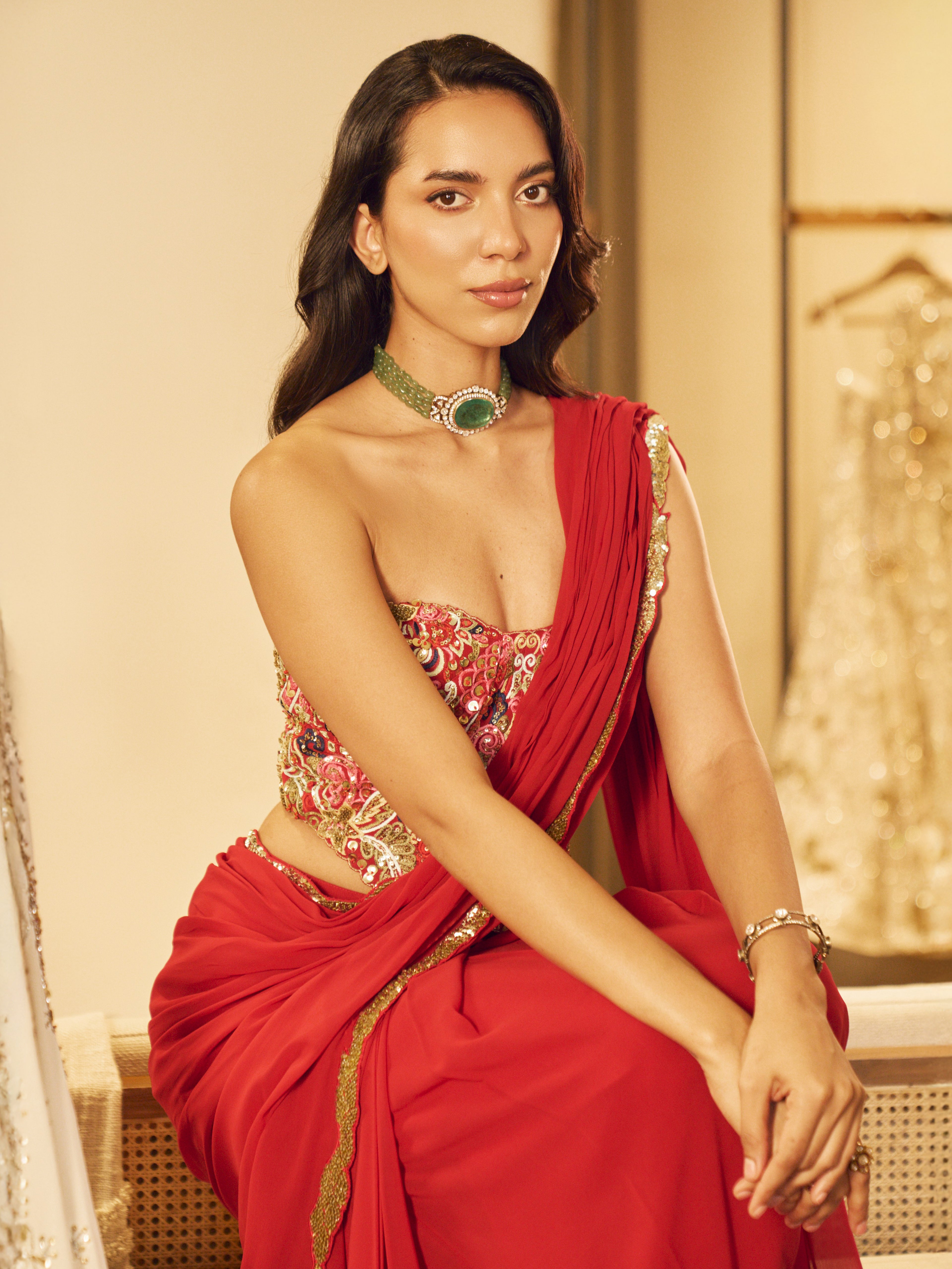 Pre-Drape Red Saree Set with a Corset Blouse