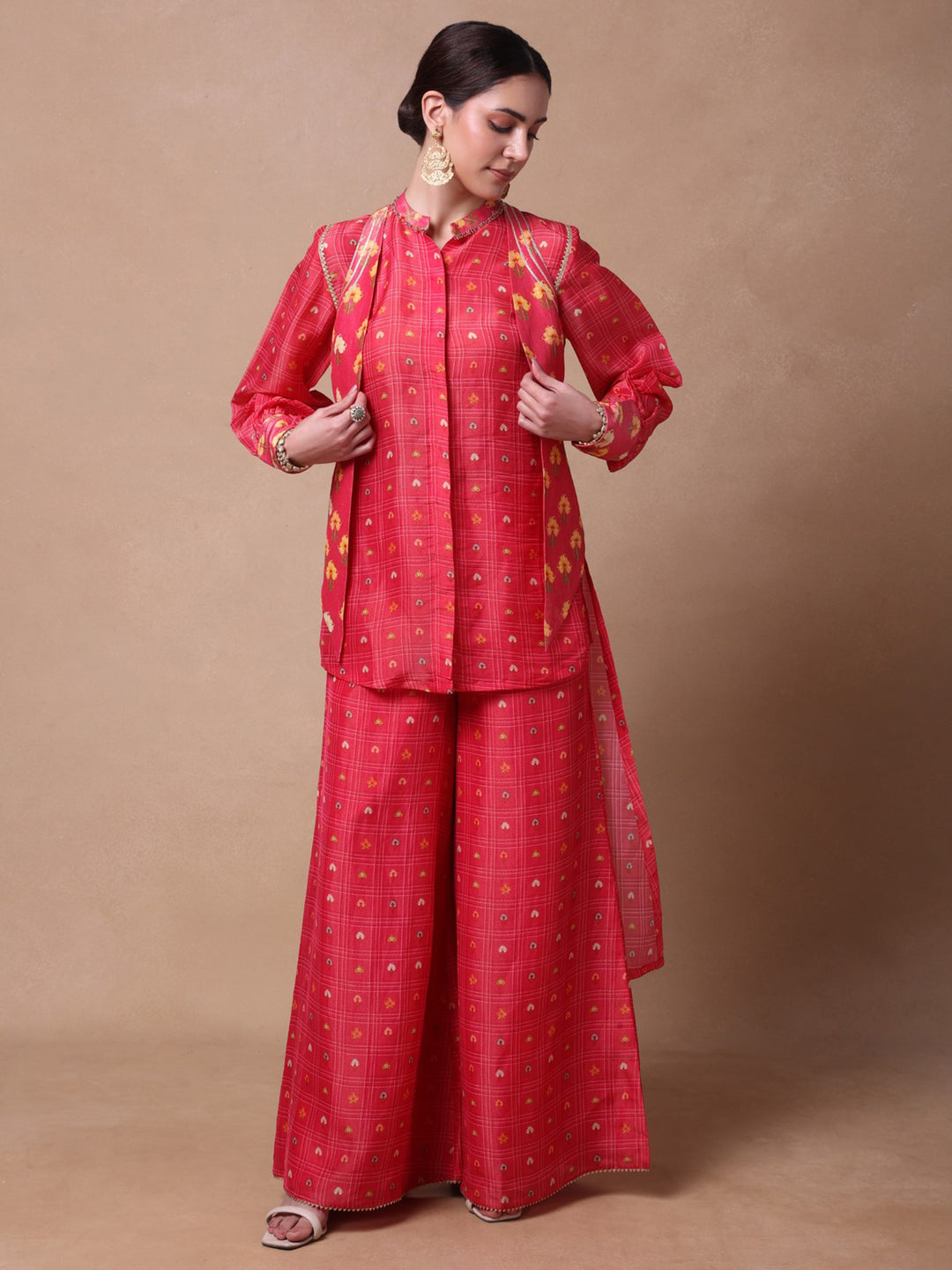 Pink Checkered Petal Fusion Shirt,Palazo And Waistcoat Set