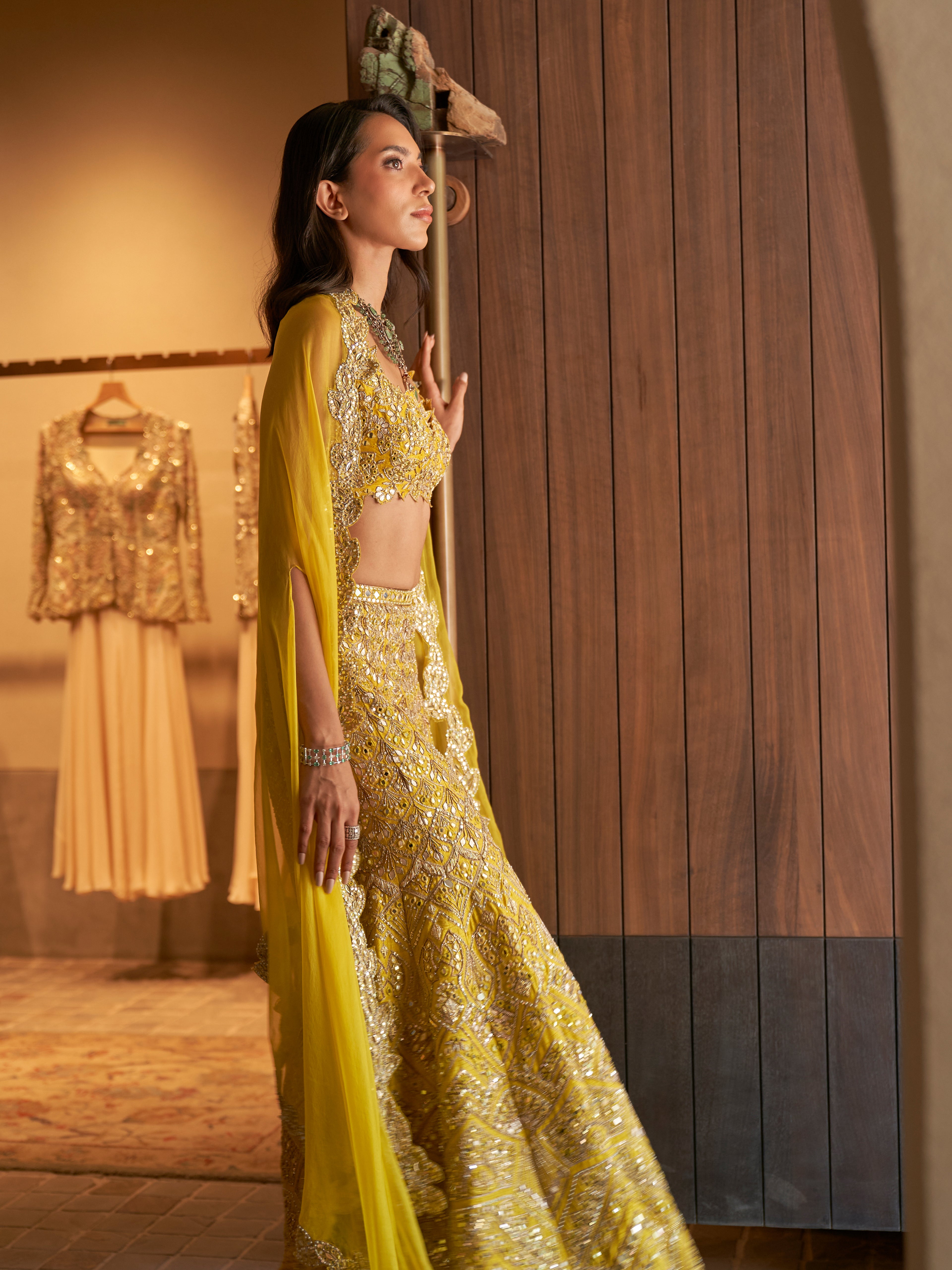 Yellow Rawsilk High Waist Sharara With Cape