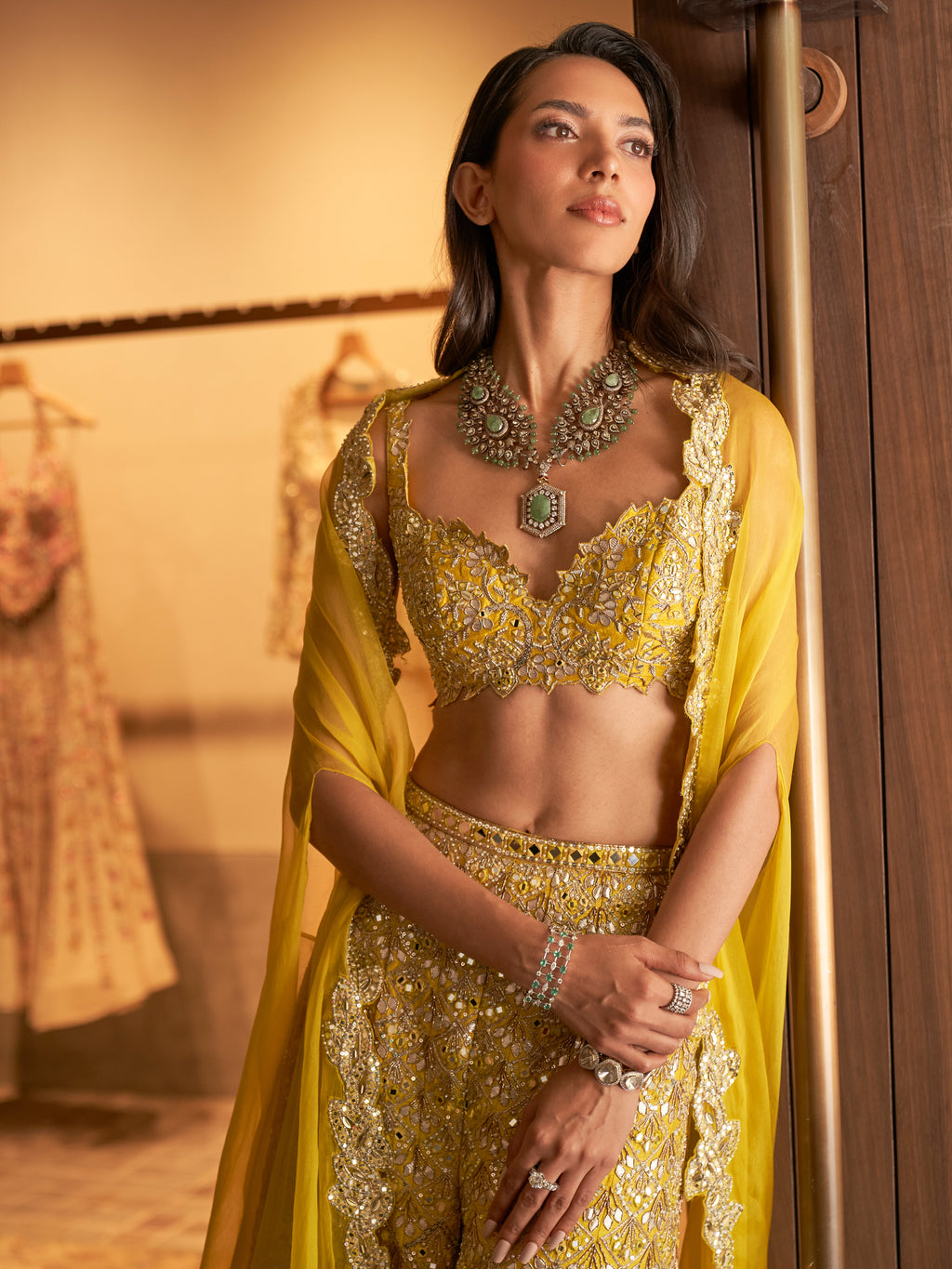 Yellow Rawsilk High Waist Sharara With Cape