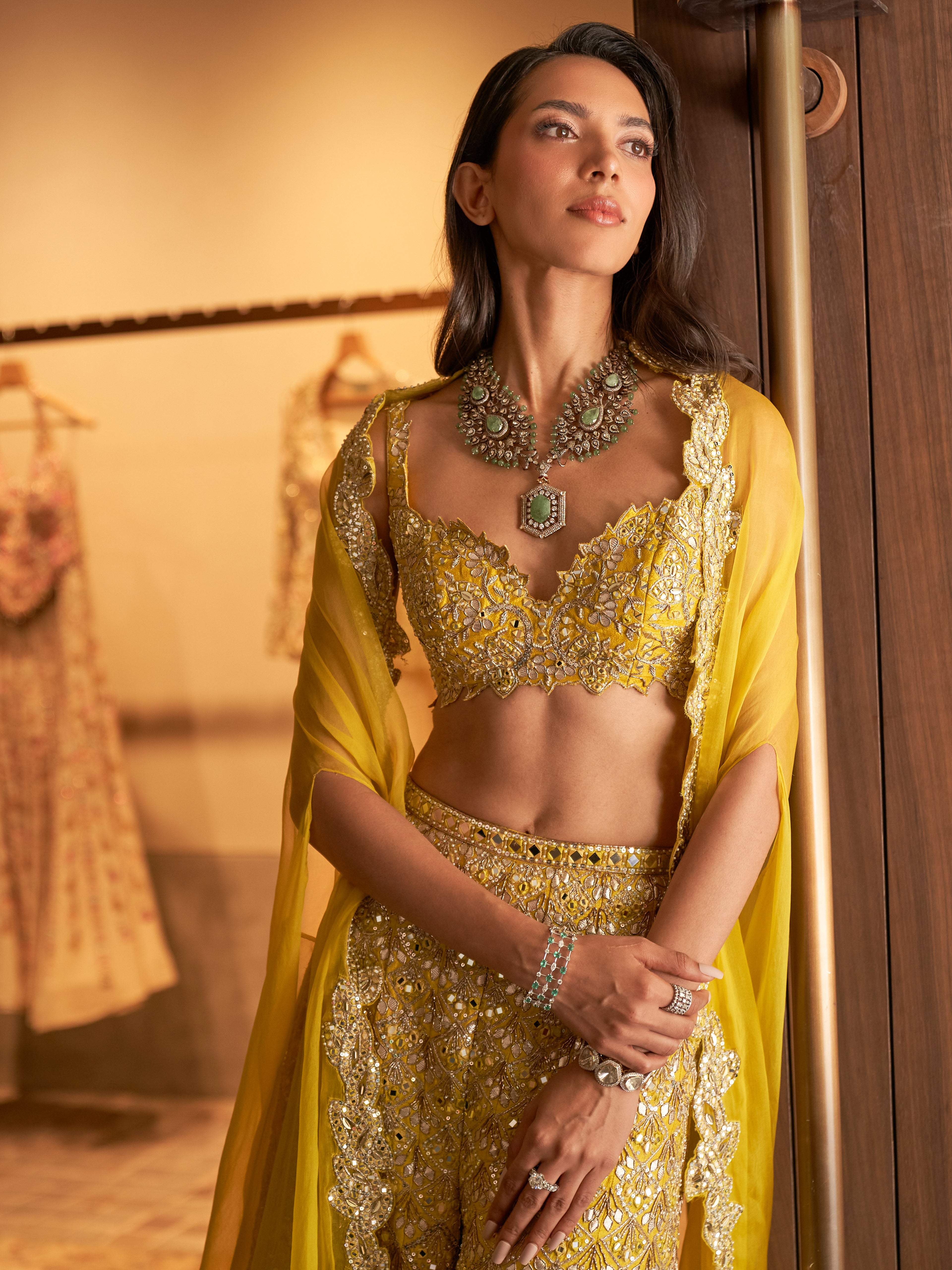Yellow Rawsilk High Waist Sharara With Cape