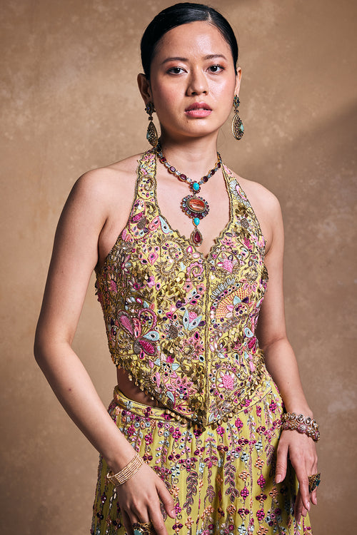 Yellow Georgette High Waist Sharara with Corset