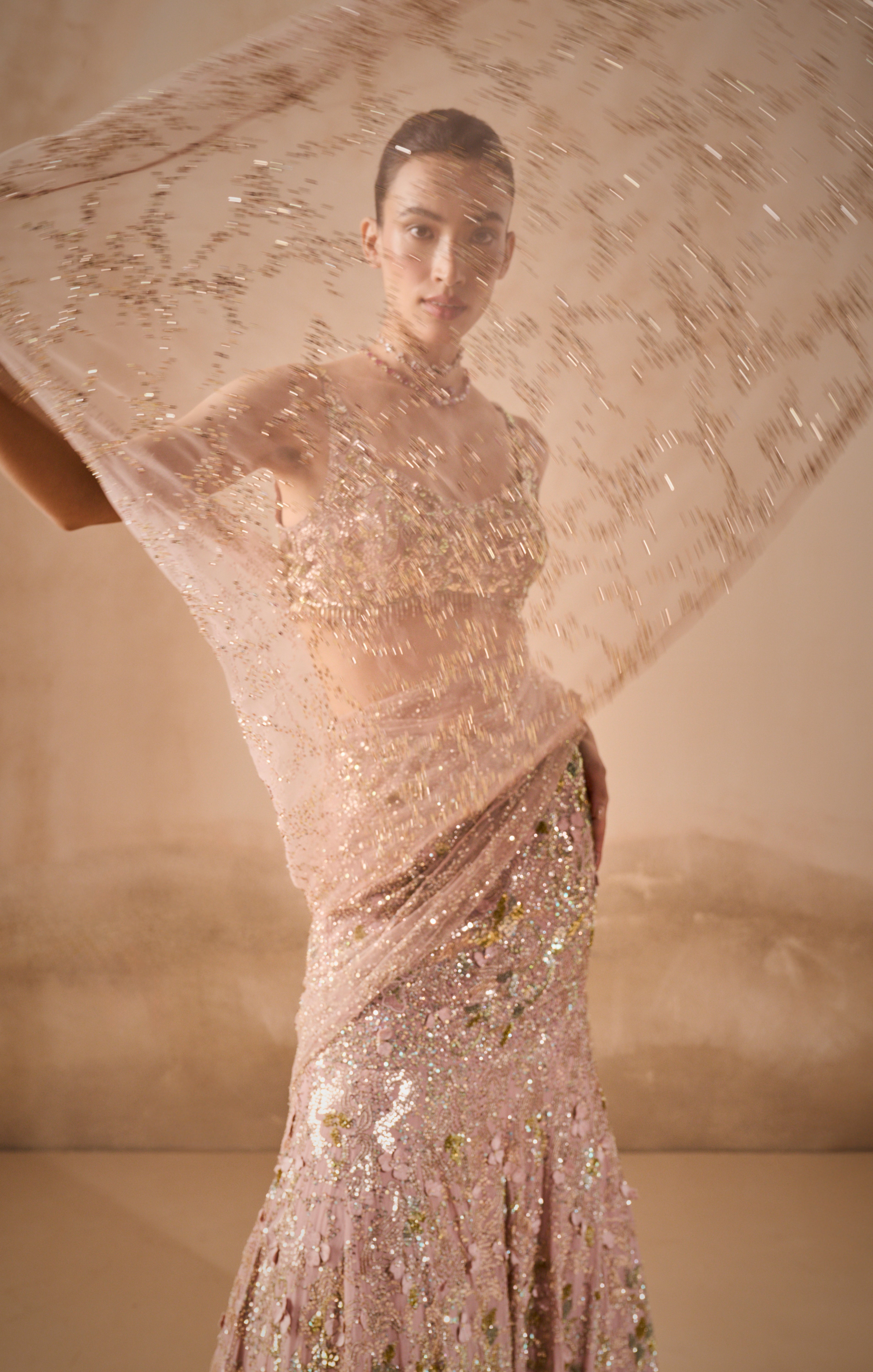 ROSE PINK GEORGETTE  SPARKLE DRAPE LEHENGA SET