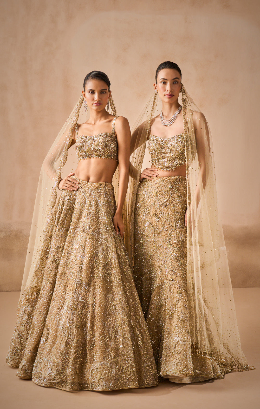 BEIGE GOLD TULLE SPARKLE LEHENGA SET