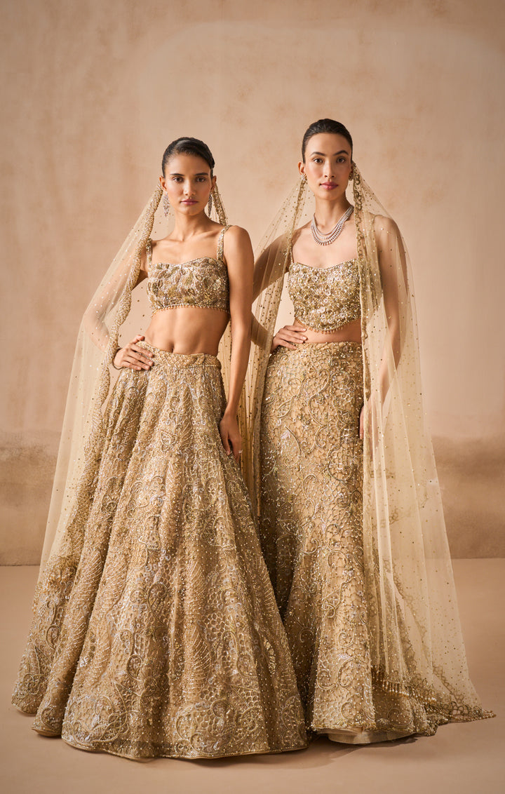 BEIGE GOLD TULLE SPARKLE LEHENGA SET