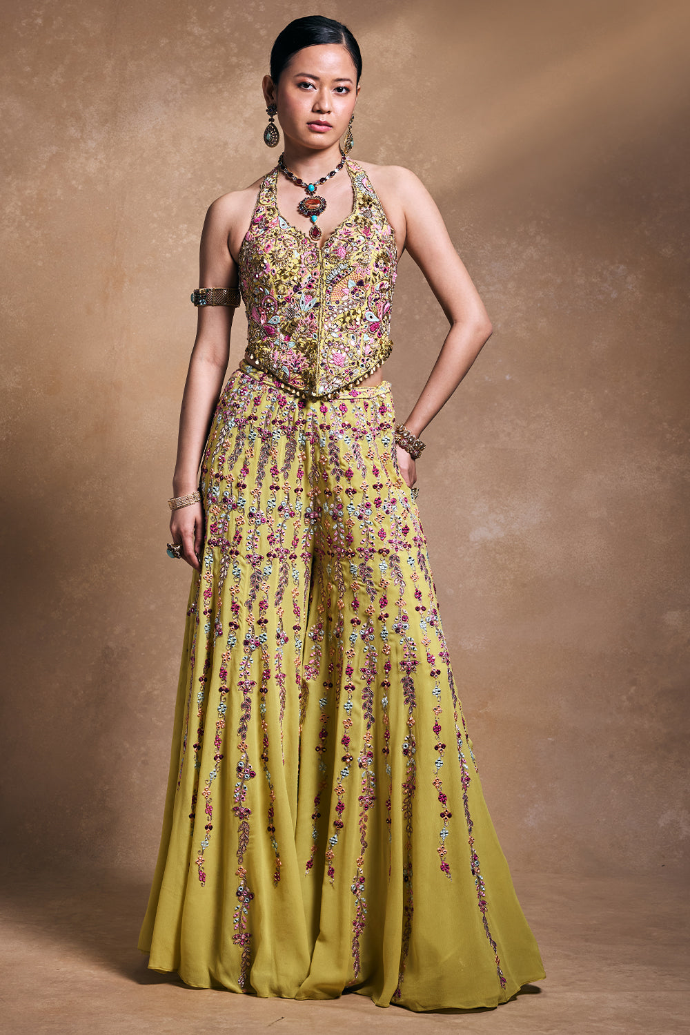 Yellow Georgette High Waist Sharara with Corset