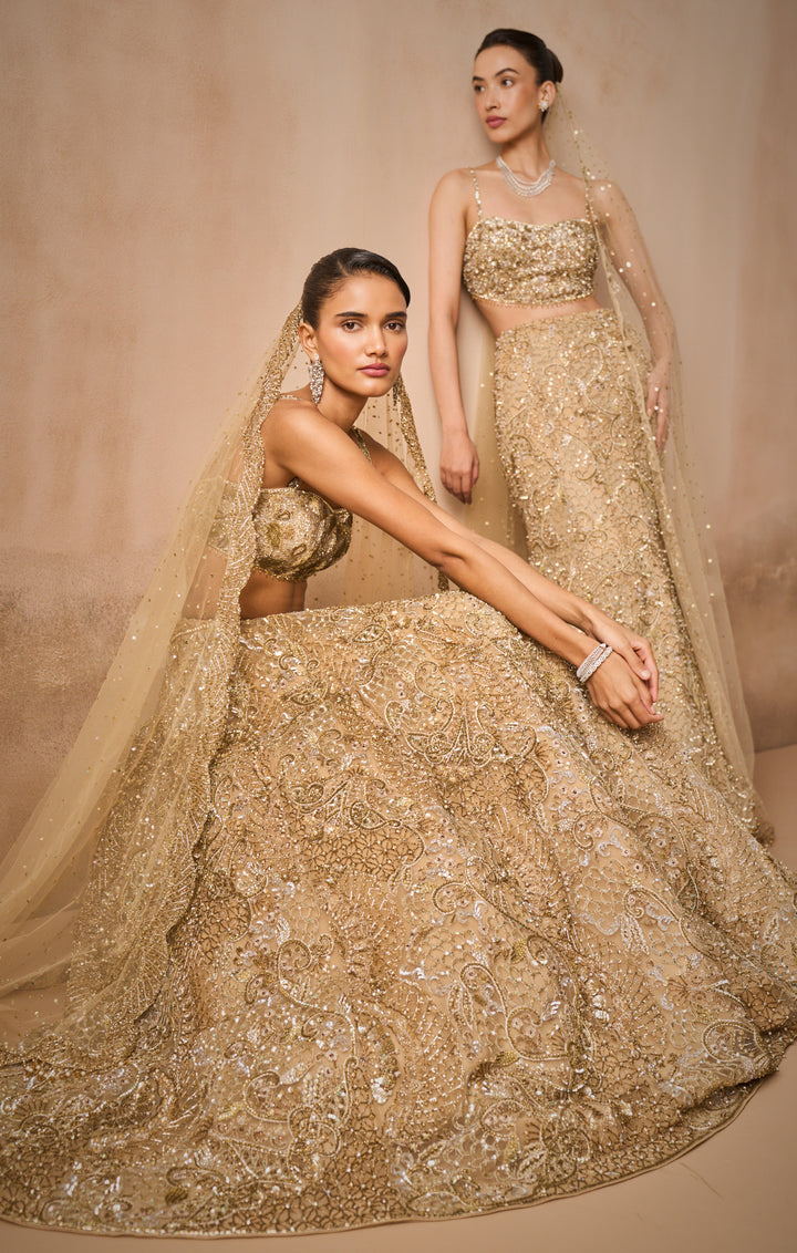 BEIGE GOLD TULLE SPARKLE LEHENGA SET