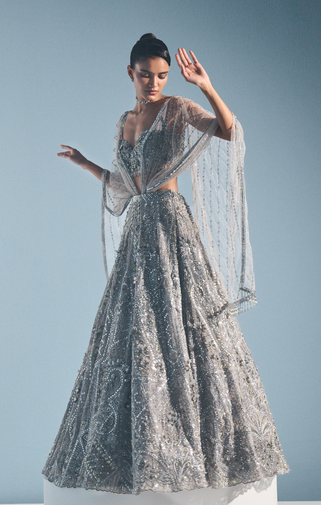 GREY TULLE LEHENGA SET