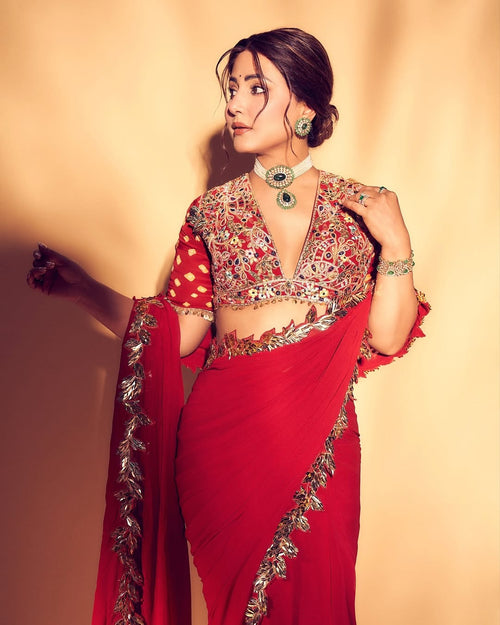 Hina Khan in our Red And Gold Embroidered Saree Set