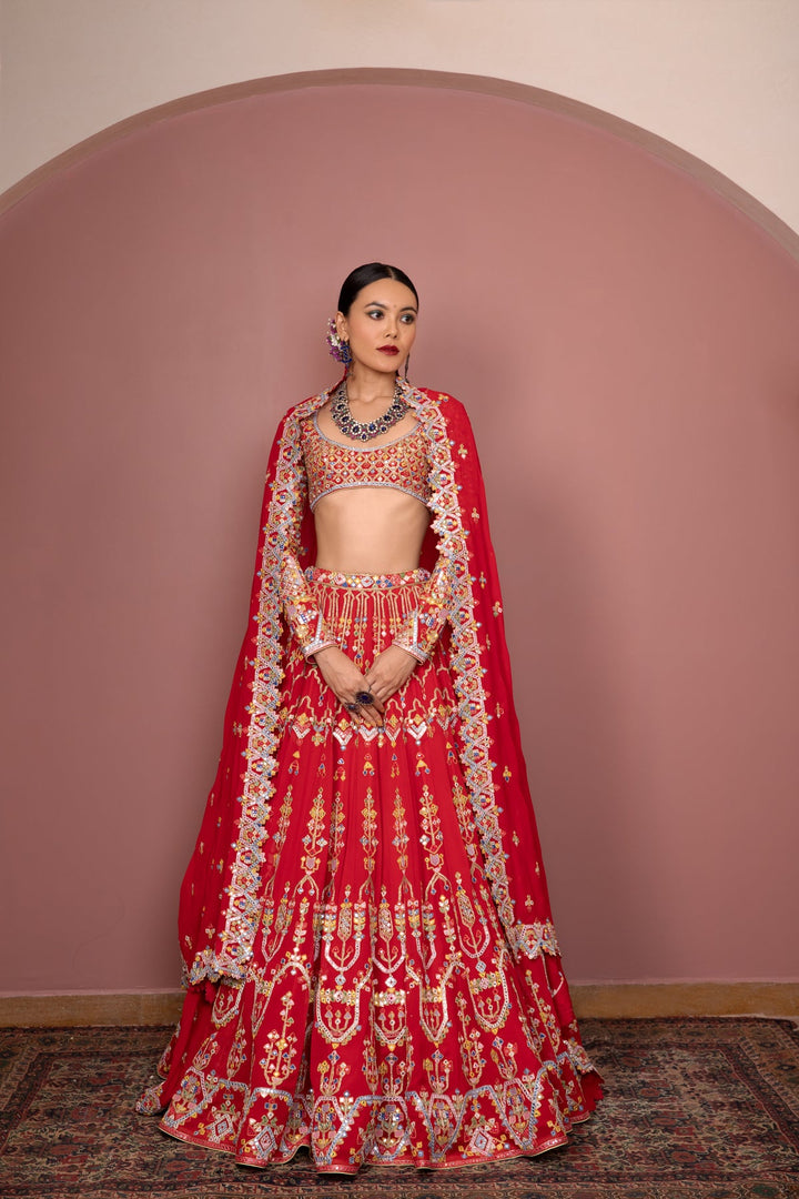Red Georgette Aztek Lehenga