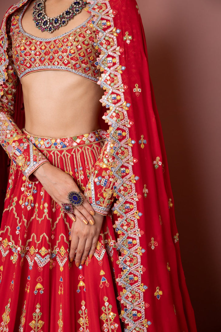 Red Georgette Aztek Lehenga