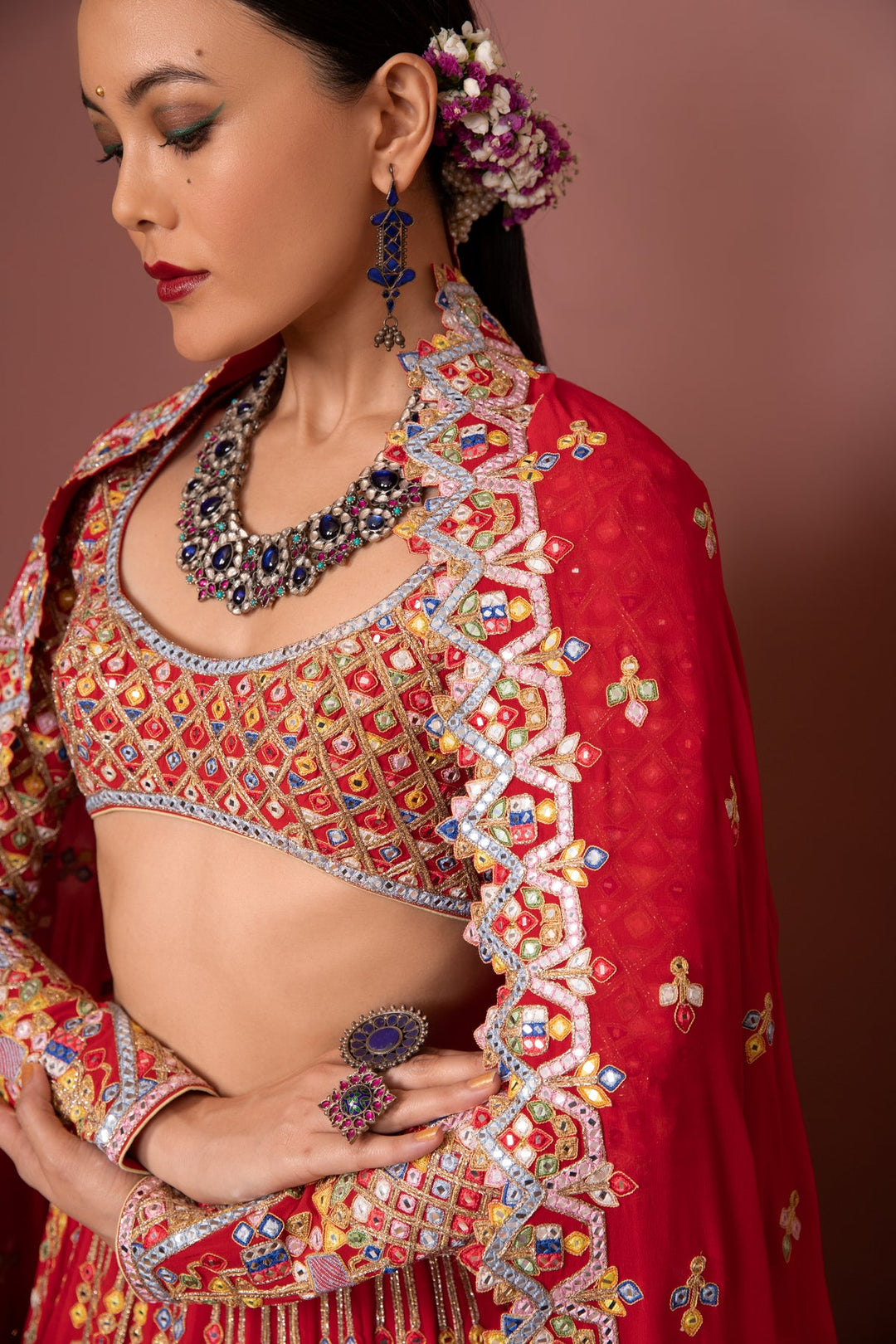 Red Georgette Aztek Lehenga