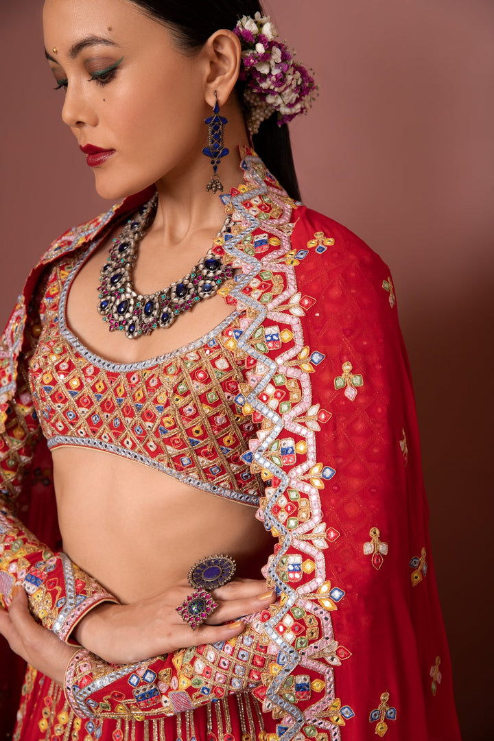 Red Georgette Aztek Lehenga