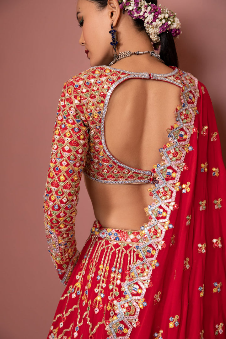 Red Georgette Aztek Lehenga