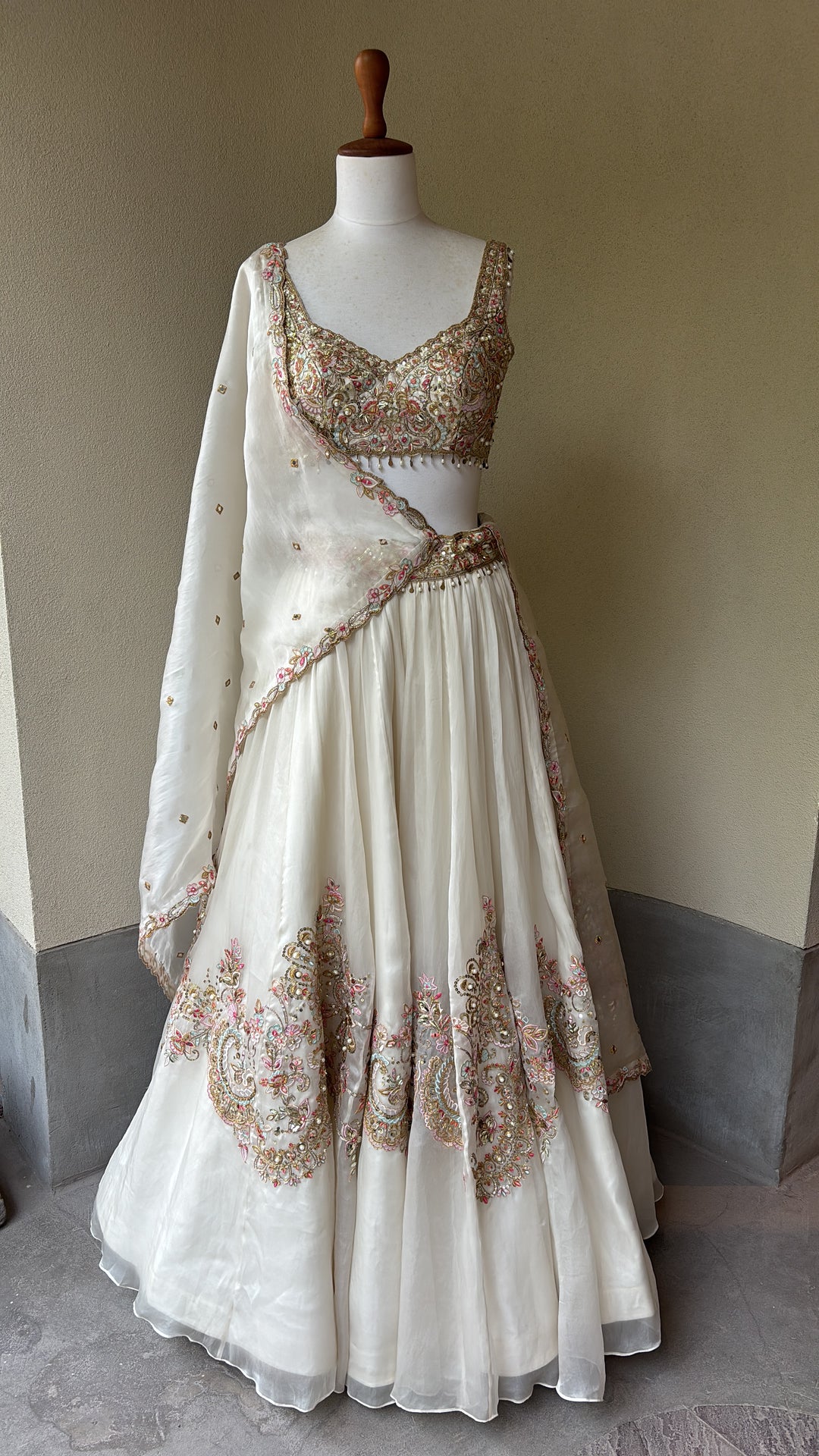 Ivory Organza Lehenga Set With Placement Embroidery