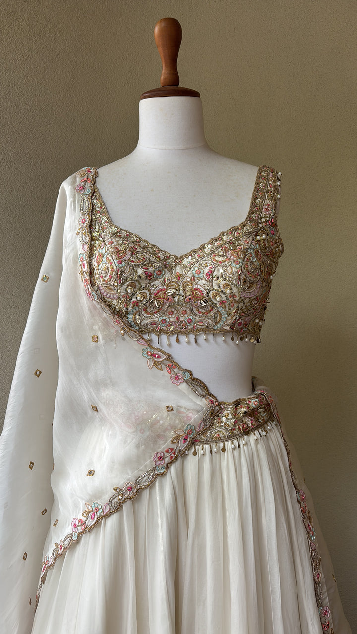 Ivory Organza Lehenga Set With Placement Embroidery