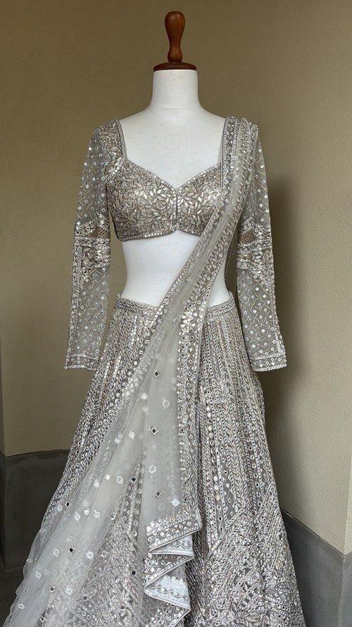 Grey lehenga set with foil, thread and dori work