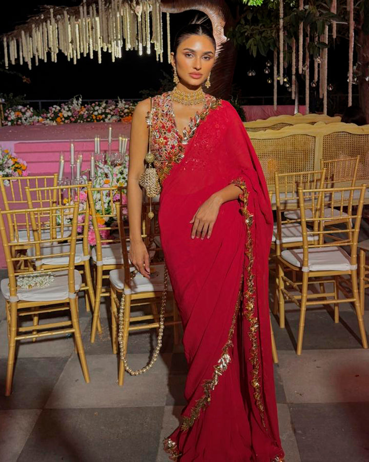 Red And Gold Embroidered Saree Set