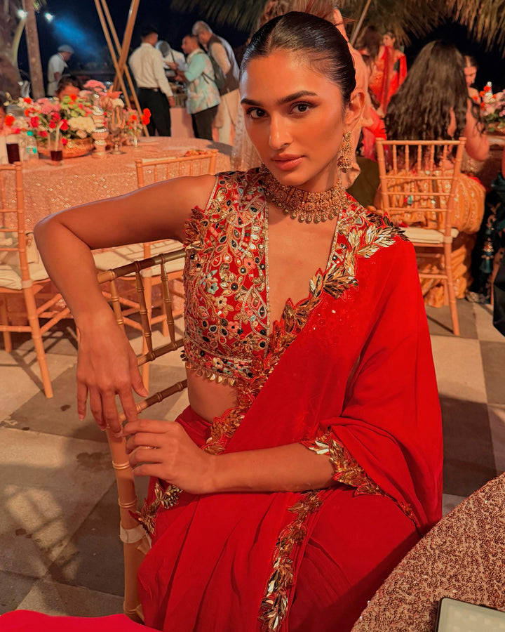 Red And Gold Embroidered Saree Set