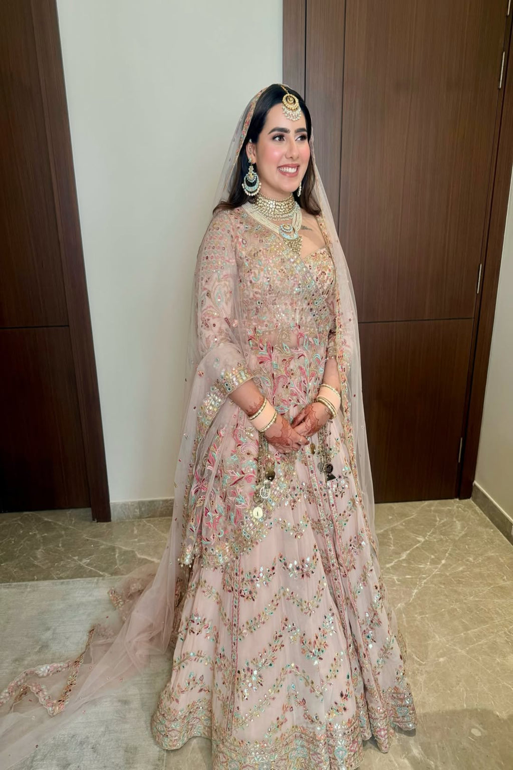 ANAQAT KAMBOJ IN OUR PEACH GEORGETTE CHEVRON EMBROIDERED LEHENGA
