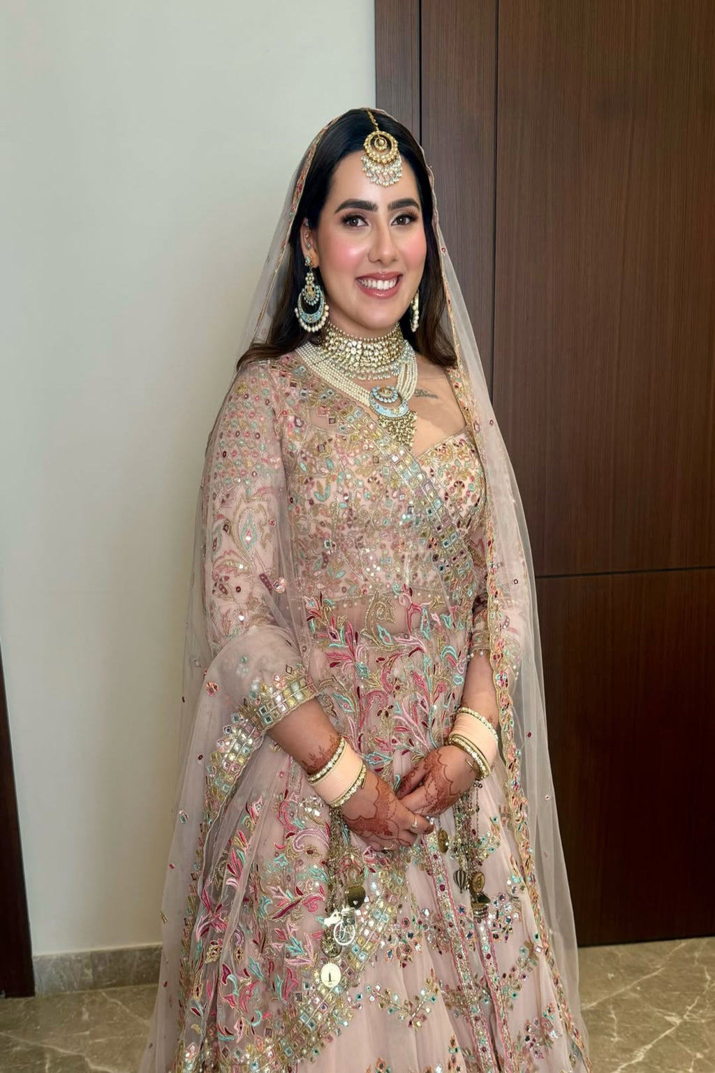 ANAQAT KAMBOJ IN OUR PEACH GEORGETTE CHEVRON EMBROIDERED LEHENGA
