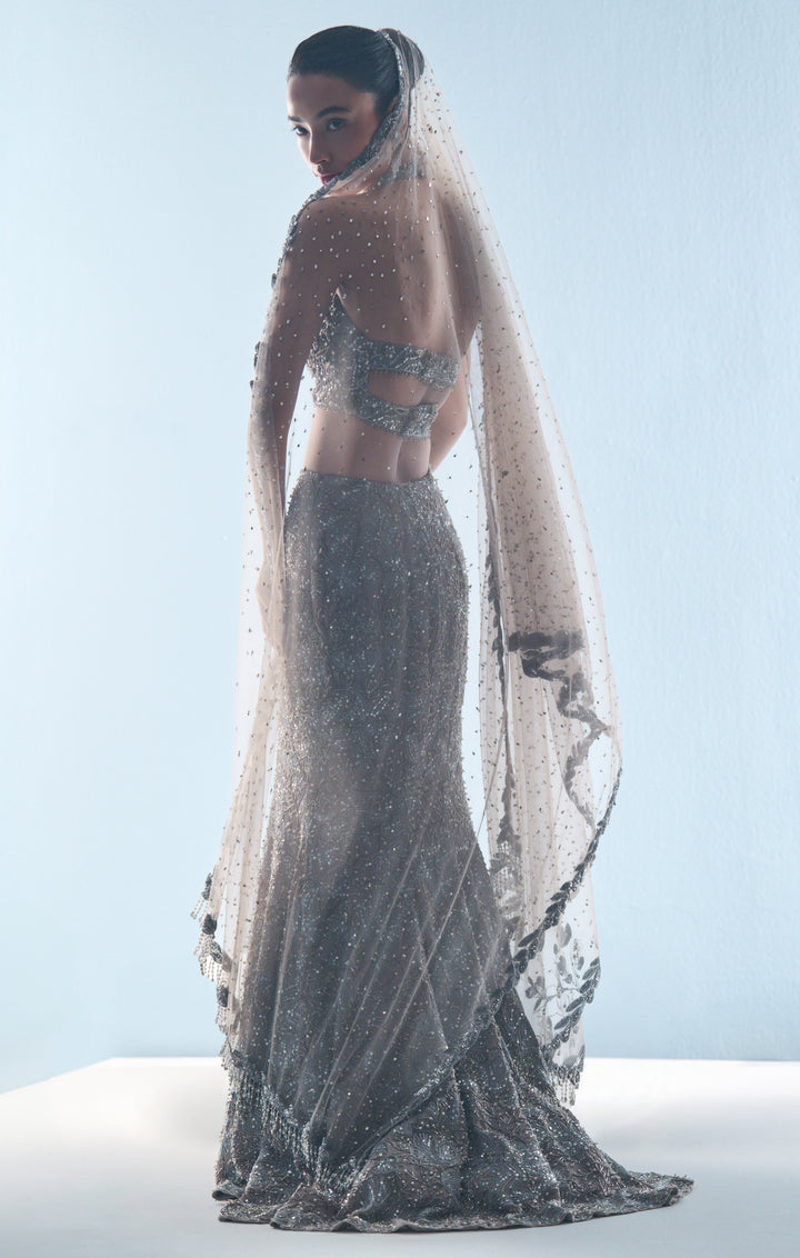 Grey Tulle Fit And Flare Lehenga Set
