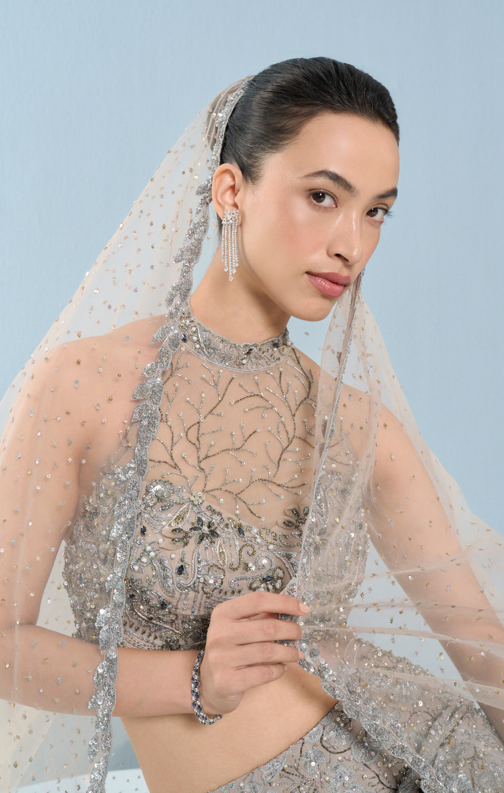 GREY TULLE FIT AND FLARE LEHENGA SET