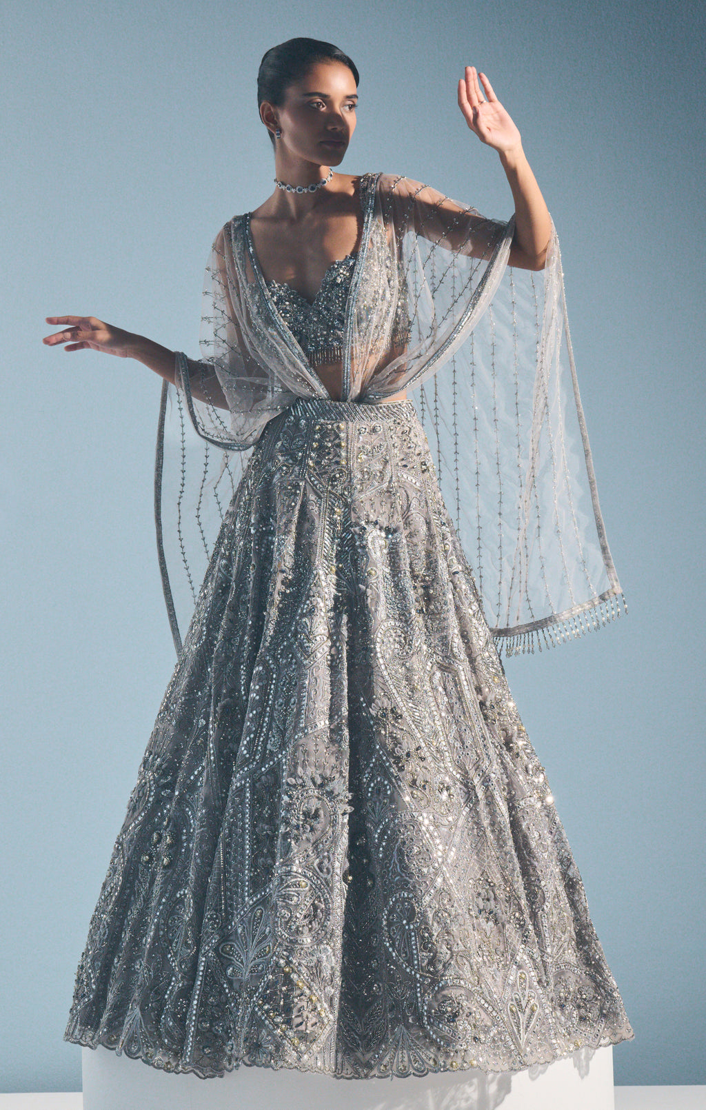 GREY TULLE LEHENGA SET